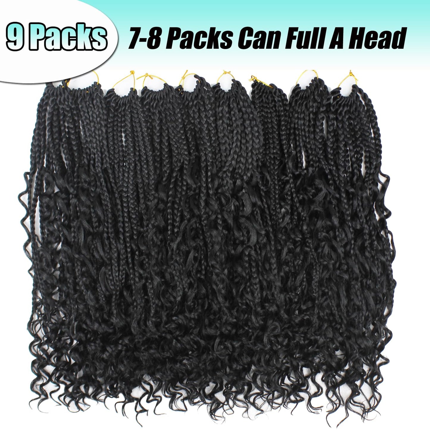 9 Pack Boho Braids Crochet Hair - 24 Inch Pre-looped Goddess Box Braids Crochet Hair Bohemian Crochet Boho Box Braids Crochet Braids With Curly Ends Synthetic Crochet Hair for Women（24 Inch,1B)