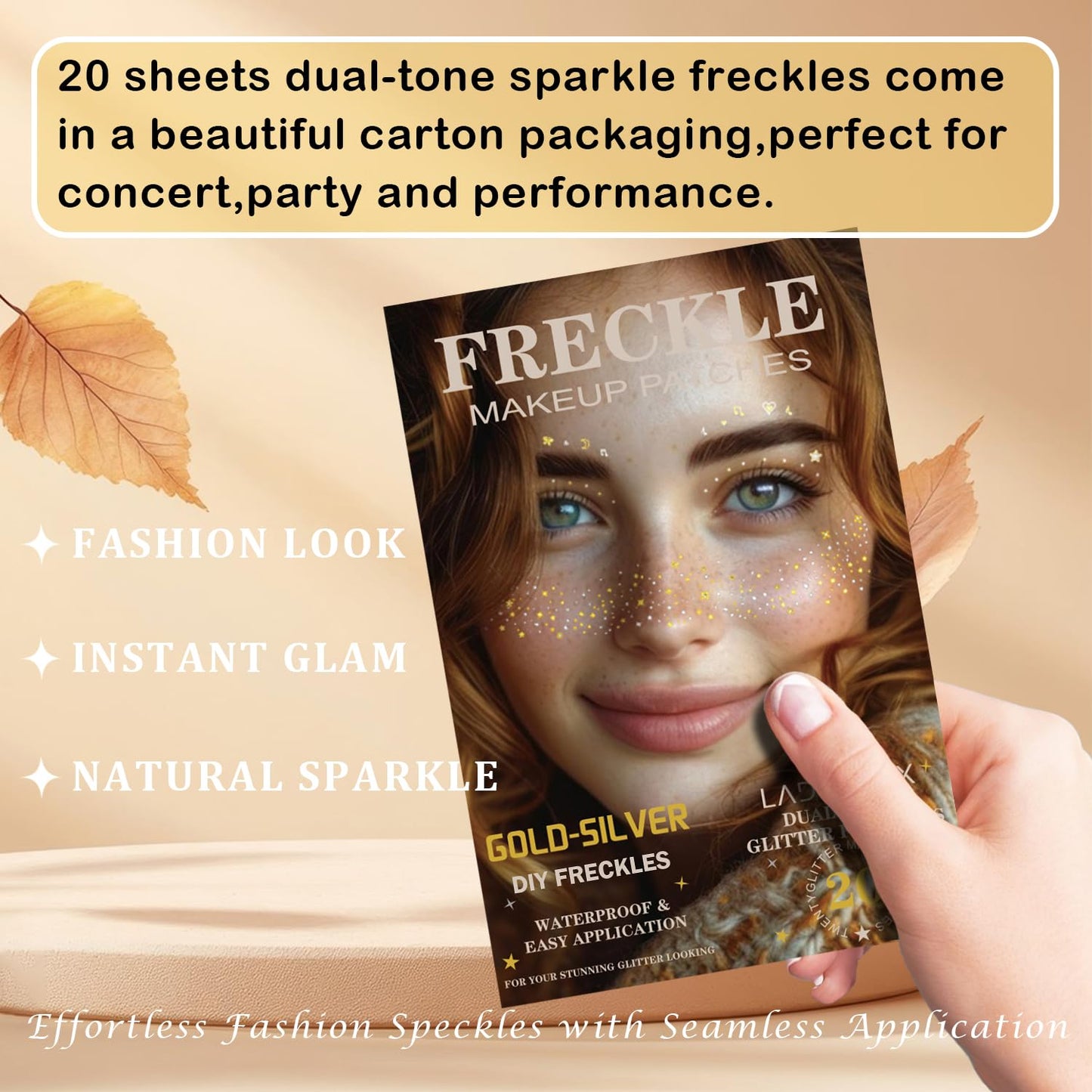 20 Pcs Dual-tone Face Makeup Patches, Gold-silver Glitter Freckles, Glitter Freckles Face Tattoo, Waterproof Face Sparkle Freckles, Long-Lasting 48h Freckles for Women (Gold-silver)