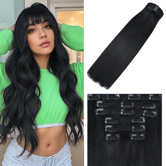 WindTouch Clip in Hair Extensions Real Human Hair #1 Jet Black Hair Extensions Remy Human Hair Full Head 16Inch 120g 7PCS Human Hair Clip in Extensions Black women