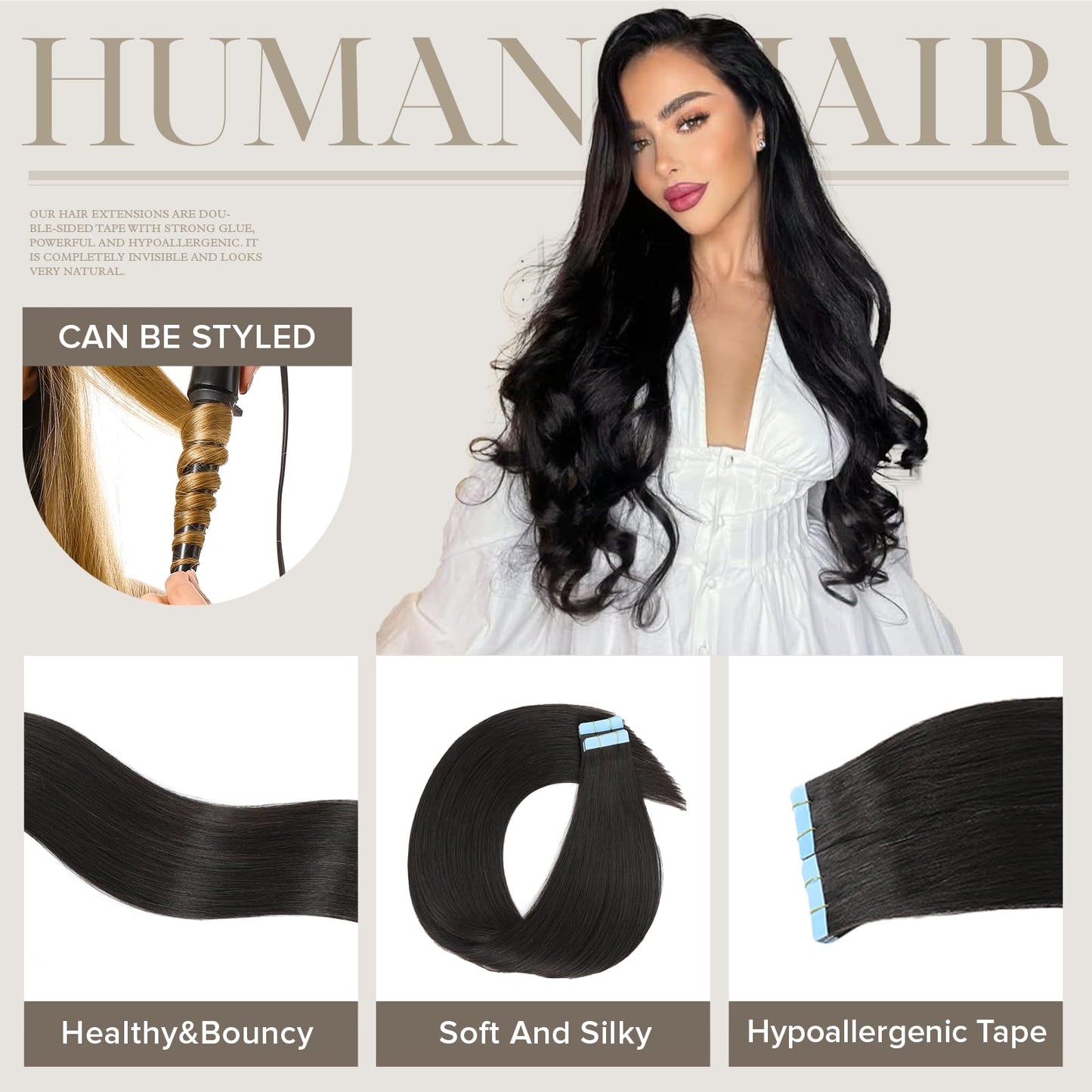 Mifes Tape in Hair Extensions Human Hair Natural Black #1B 20pcs/50g 22 Inch Natural Hair Extensions Remy Hair Invisible Long Tape in Hair Extensions Soft Natural Hair For Women