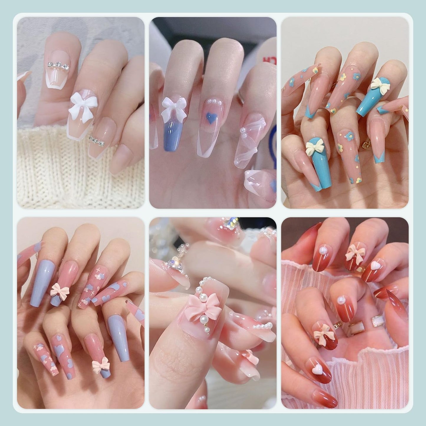 3D Nail Charms and Flatback Pearls #2, 600 Pcs Pink White Black Multi Styles Bowknot Charms + Pink&White Star Heart Nail Jewels + 2-6mm White Nail Pearls for Nail Art Design with Pickup Tools