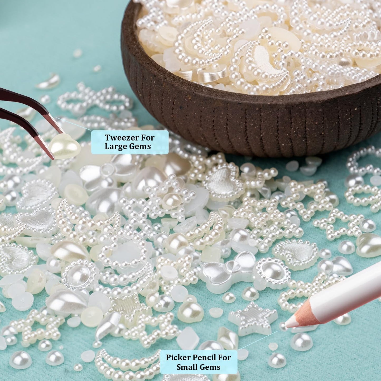 600Pcs 3D Multi Shapes Nail Charms and Flatback Pearls, White&Beige Mix Styles Heart Star Bow Sunflower Embellishments for Nail Art, Craft and Decoration with Glue Gel, Tweezer and Pickup Pencil