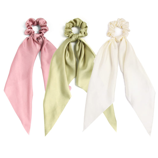 3PCS Hair Scarf Scruncheis for Women Knotted Bow Hair Ties Elastic Bands Satin Hair Ribbon Scrunchy Red Ponytail Holder for Women and Girls (Ivory green bean)