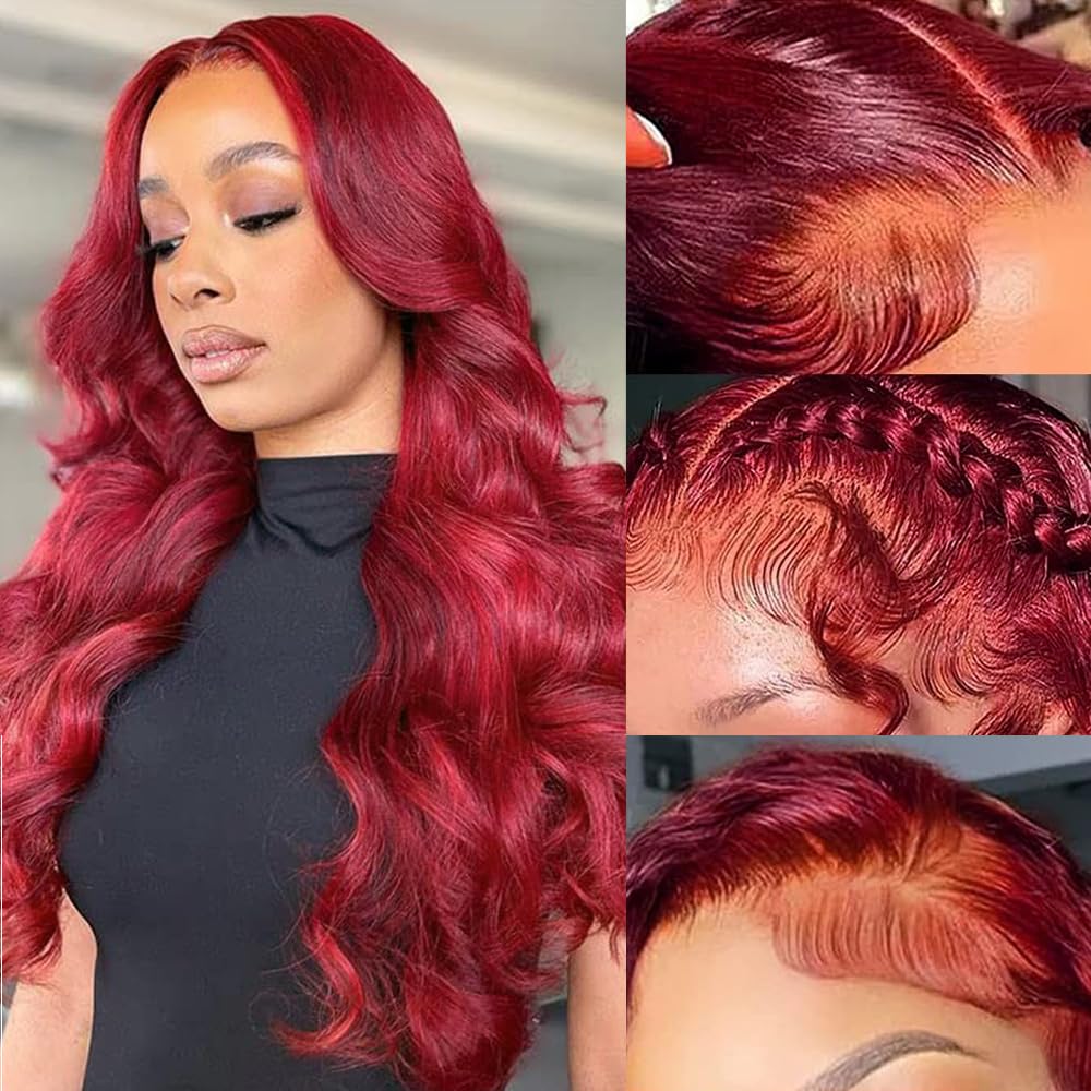 99J Burgundy Wine Red Color Body Wave 13x4 HD Lace Front Glueless Wigs Human Hair Pre Plucked Bleached Knots with Baby Hair Wigs Brazilian Human Hair Natural Hairline Wigs for Women(22Inch)