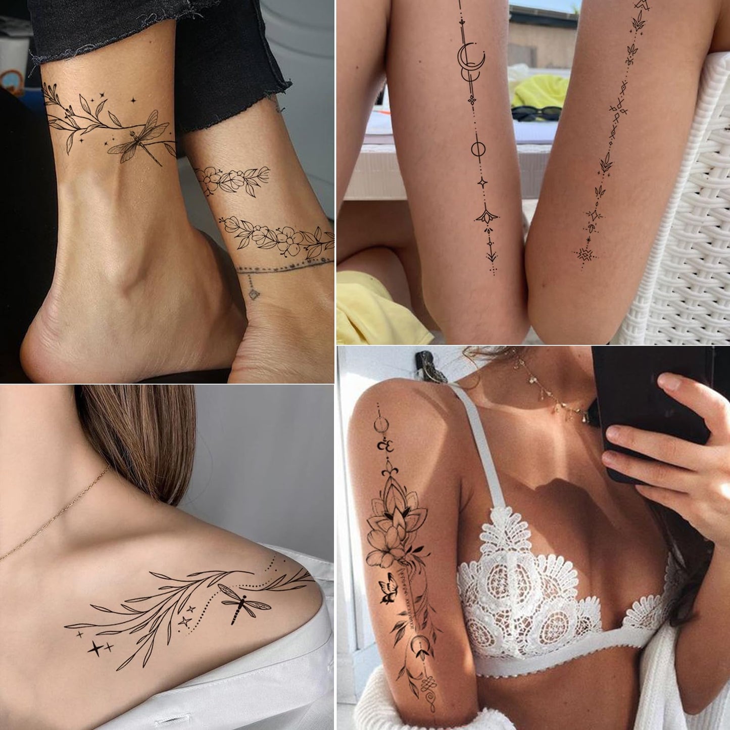 Tazimi Temporary Tattoos For Women Girls-24 Sheets Branch Flower Leaf Wild Plants Sketch Realistic Long-lasting Tattoo Stickers Waterproof Tattoo Sets for Arm Collarbone Leg Backbone Body Art