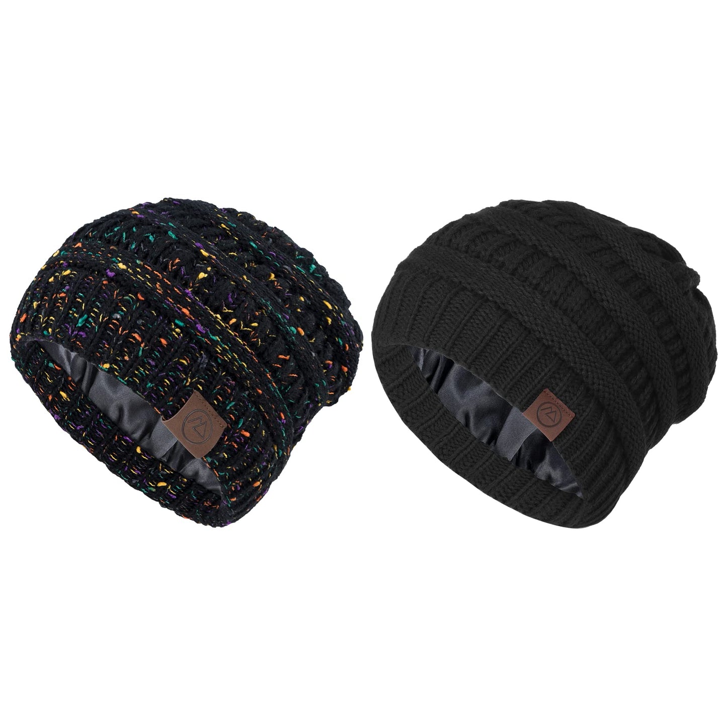 Zando Womens Beanie Hats for Women Men Satin Lined Beanie for Women Warm Winter Hats for Women Unisex Slouchy Beanies for Women knit Beanie Thick Womens Beanies for Winter Black & Black Yarn Hat