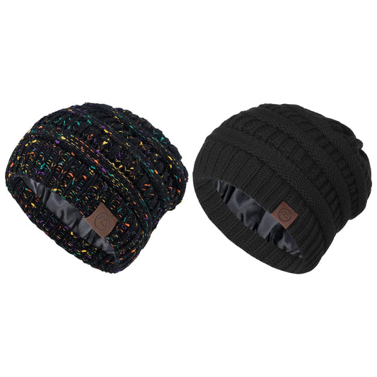 Zando Womens Beanie Hats for Women Men Satin Lined Beanie for Women Warm Winter Hats for Women Unisex Slouchy Beanies for Women knit Beanie Thick Womens Beanies for Winter Black & Black Yarn Hat