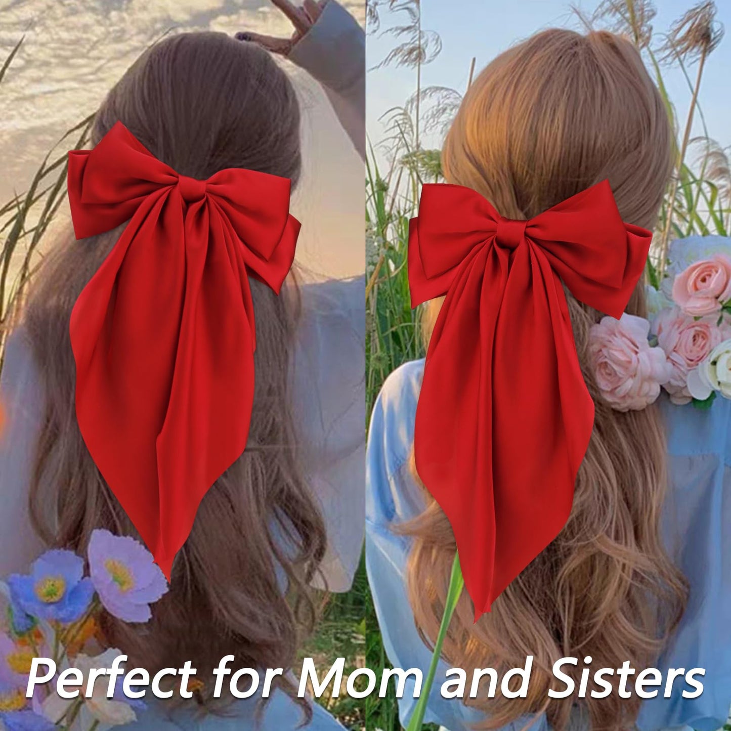 Velscrun Wine Red Hair Bows for Women Girls, Silky Satin Large Coquette Bow, Oversized Hair Ribbons 4Pcs Big Bows Clip Long Tail Bowknot Hair Barrettes Christmas Bow Accessories