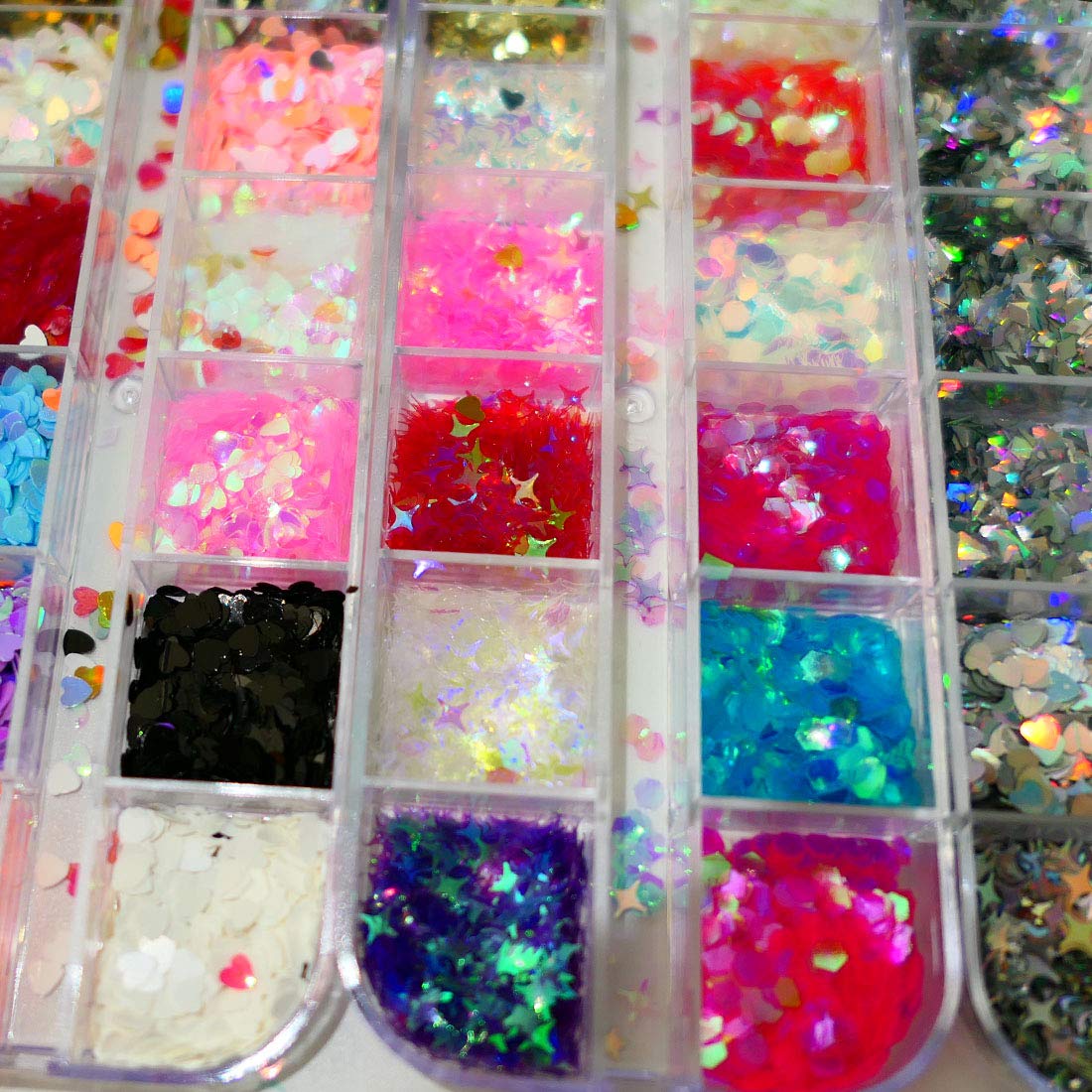 AddFavor 4 Boxes Holographic Nail Sequins Mixed Shapes Iridescent Glitter Flakes Hearts Star Moon DIY Design Manicure Nail Art Decorations Sets for Nail Art/Craft/Makeup