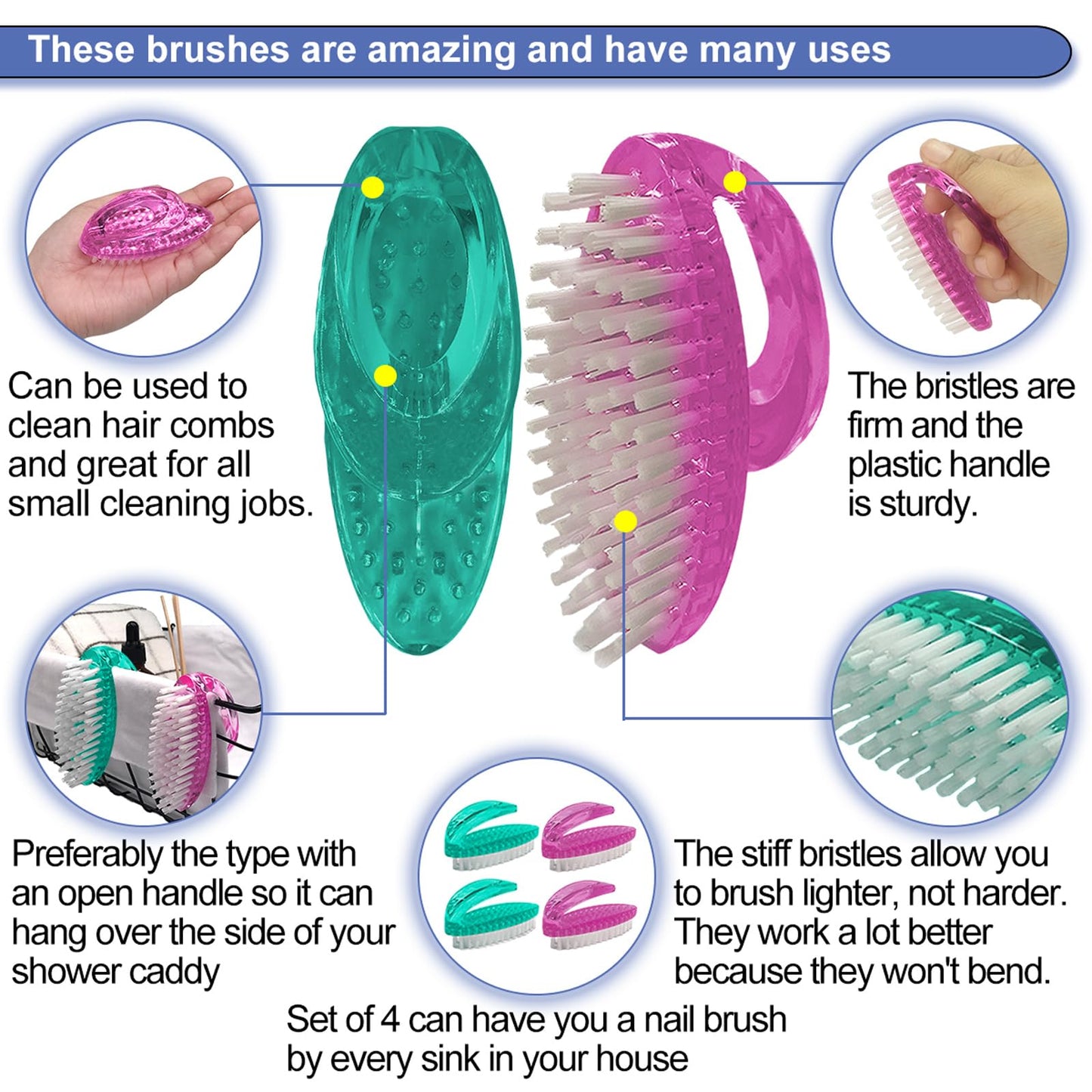 Handle Grip Nail Brush for Cleaning Fingernails Hands & Under Nails, Stiff Bristle Mechanic Scrub Brush Cleaner for Men Women, Pedicure Scrubbing Tool Kit (2 Pink + 2 Green)