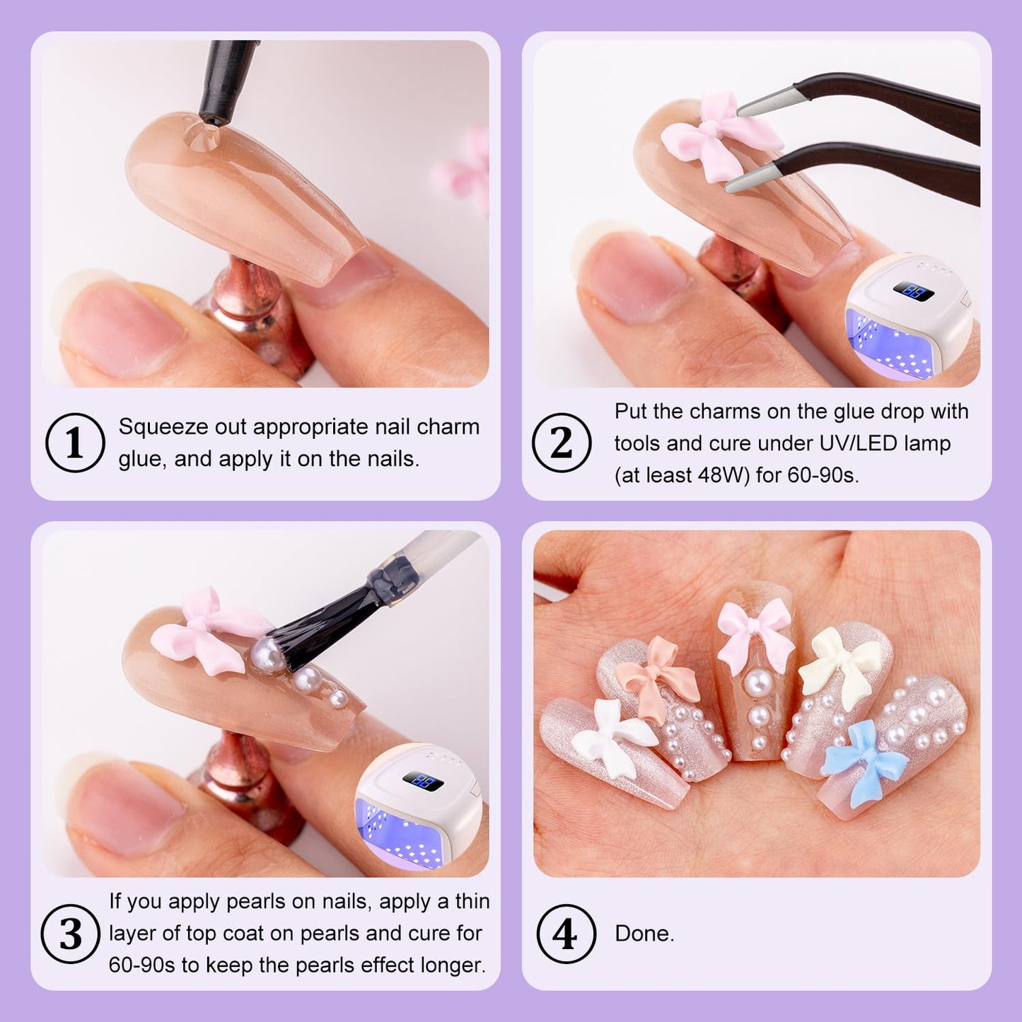 120pcs 3D Nail Bow Charms & Pearls Set - Pink, White, Black Bow Charms & White Flatback Pearls with Glue Gel (UV Needed) & Pickup Tools