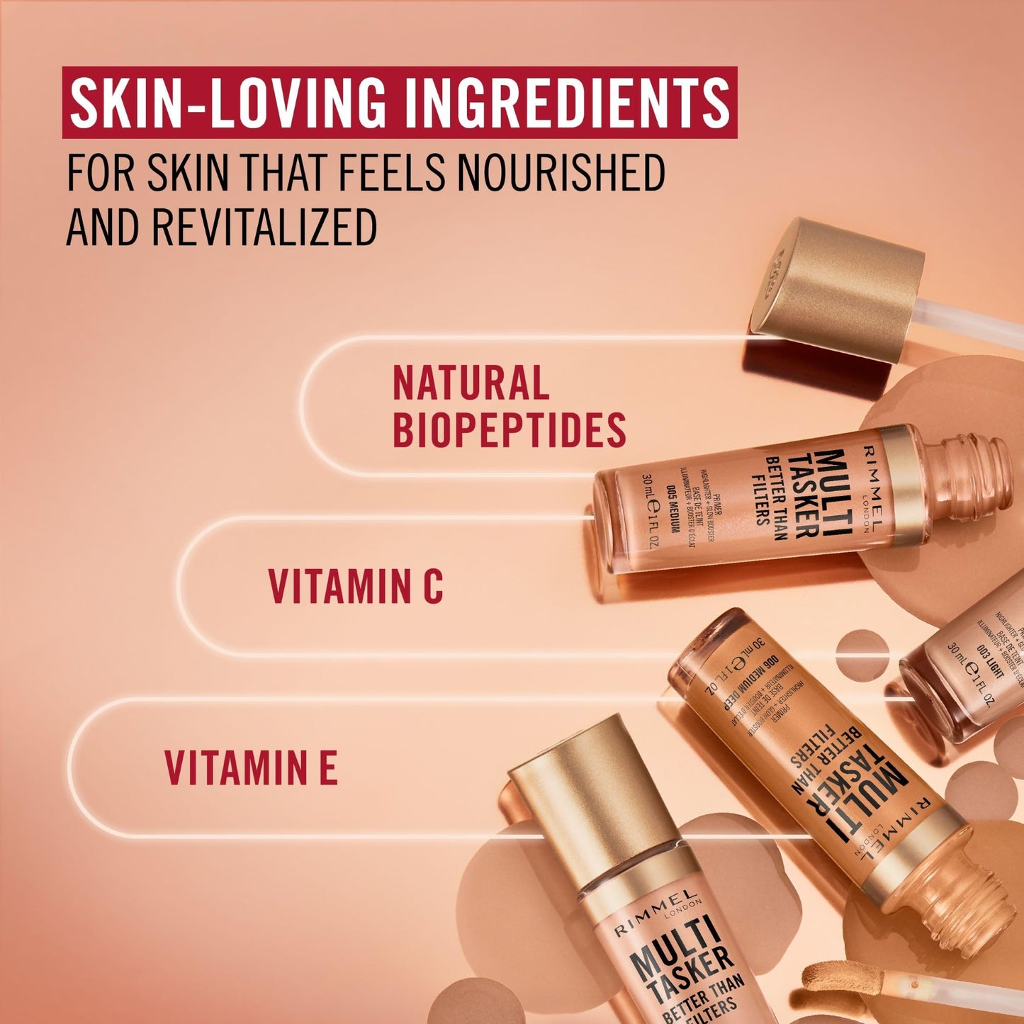 Rimmel Multi-Tasker Better Than Filters, 003 Light, Face Primer, Glow Booster and Highlighter, Vegan Formula, Anti-Ageing Benefits, Light-Reflecting Pigments, Giant Soft-Touch Wand, 1oz