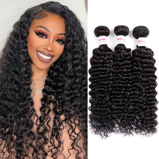 12A Deep Wave Human Hair Bundles 20 20 20Inch Curly Bundles Human Hair 100% Unprocessed Human Hair Bundles Deep Wave Weft Extensions Weave Natural Black 300g
