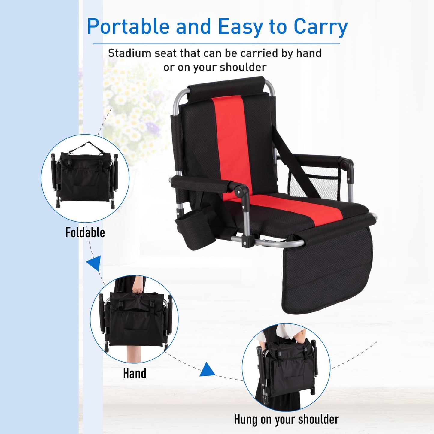 GREEN PARTY Stadium Seat for Bleachers Portable Outdoor Floor Folding Stadium Chair with Armrest, Back Support, Cup Holder, Mesh Bag and Hide Hooks, Black Red