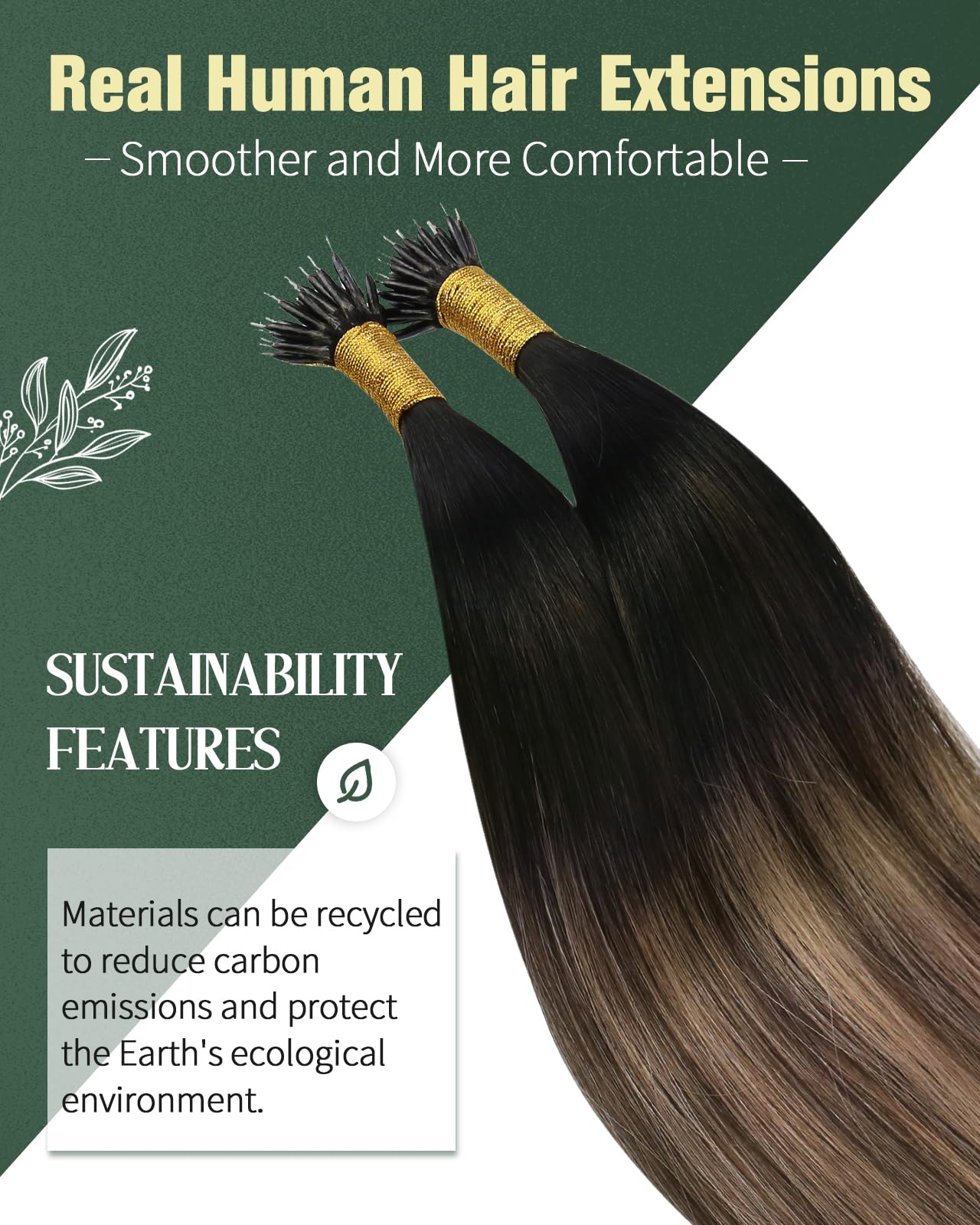Ugeat Nano Tip Hair Extensions Human Hair Black Balayage Nano Link Hair Extensions Natural Black to Dark Brown Mix Caramel Blonde Balayage Nano Bead Hair Extensions for Women 14inch 50G 50S