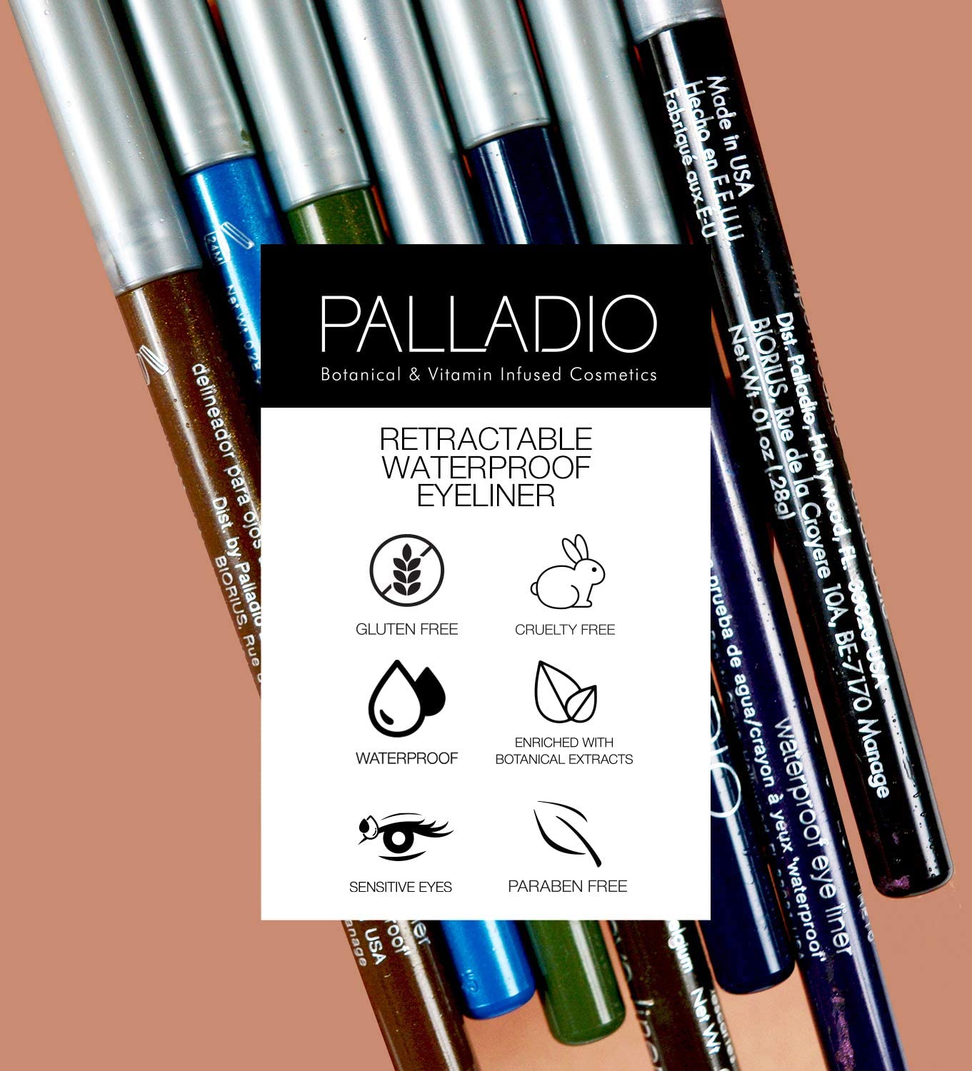 Palladio Retractable Waterproof Eyeliner, Richly Pigmented Color and Creamy, Slip Twist Up Pencil Eye Liner, Smudge Proof Long Lasting Application, All Day Wear, No Sharpener Required, Black Brown