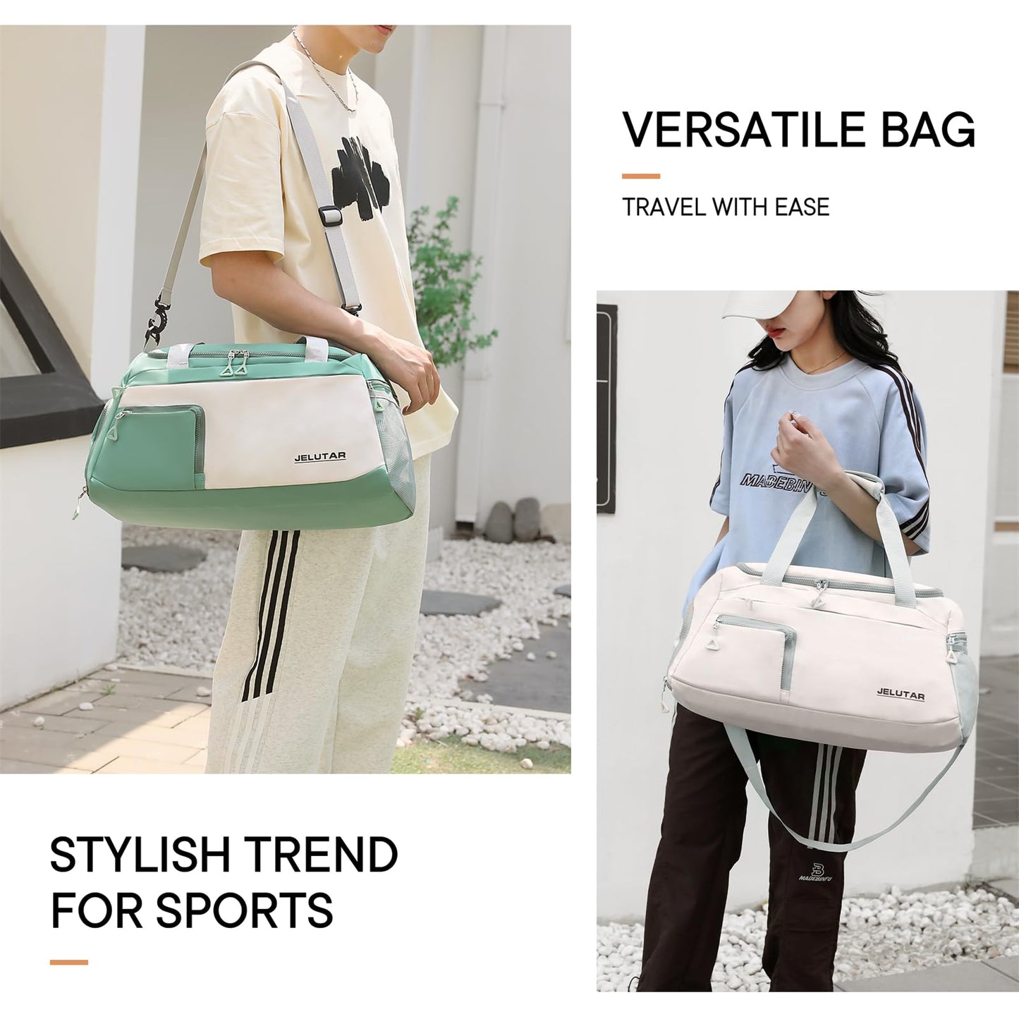 Gym Duffle Bag for Women - JELUTAR Small Carry on Travel Tote Bags Weekender Bags for Personal Item/Sports Gear with Shoe Compartment&Wetproof Pocket (Beige)