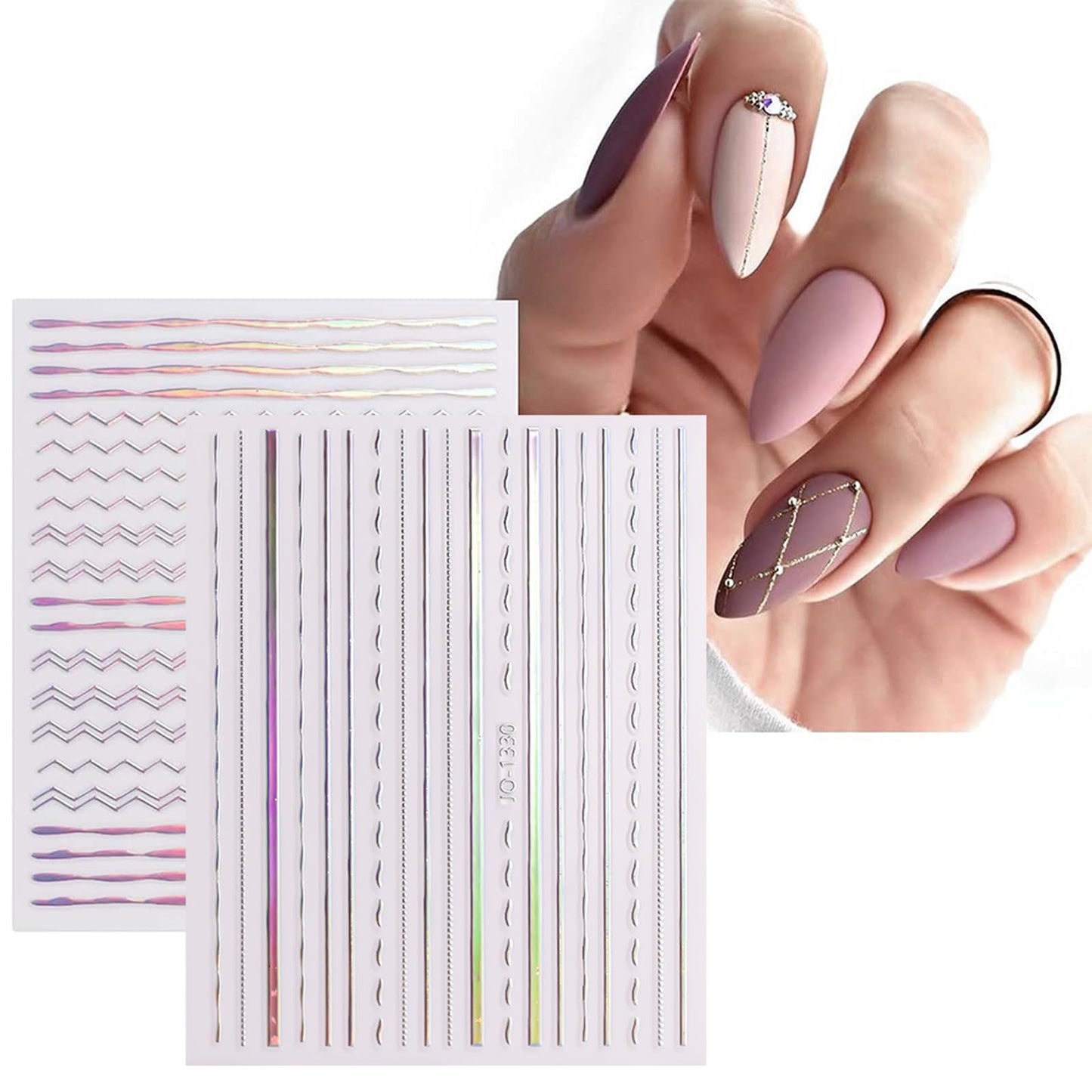 12 Sheets Star Nail Stickers Decals Silver Heart Nail Stickers Geometric Line Nail Decals for Nail Art 3D Self Adhesive Holographic Stripe Nail Designs for Women Nail Art Supplies Decorations