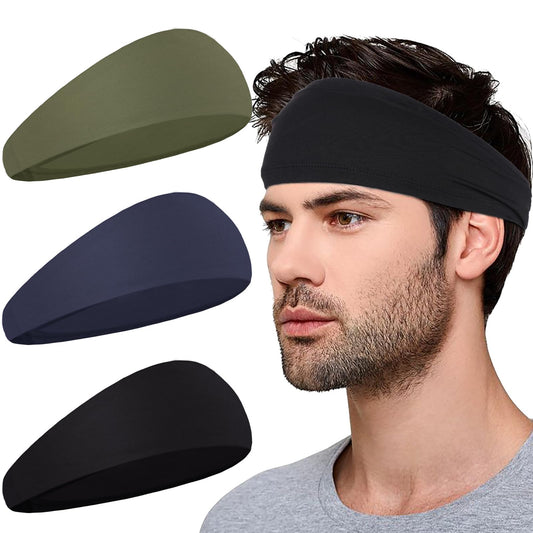 3 Packs Sweatband Sports Headbands for Men Elastic Hair Bands Fashion Headscarf Bandage Yoga Moisture Wicking Workout Running Fitness Hairbands (Black, Army Green, Dark Blue)