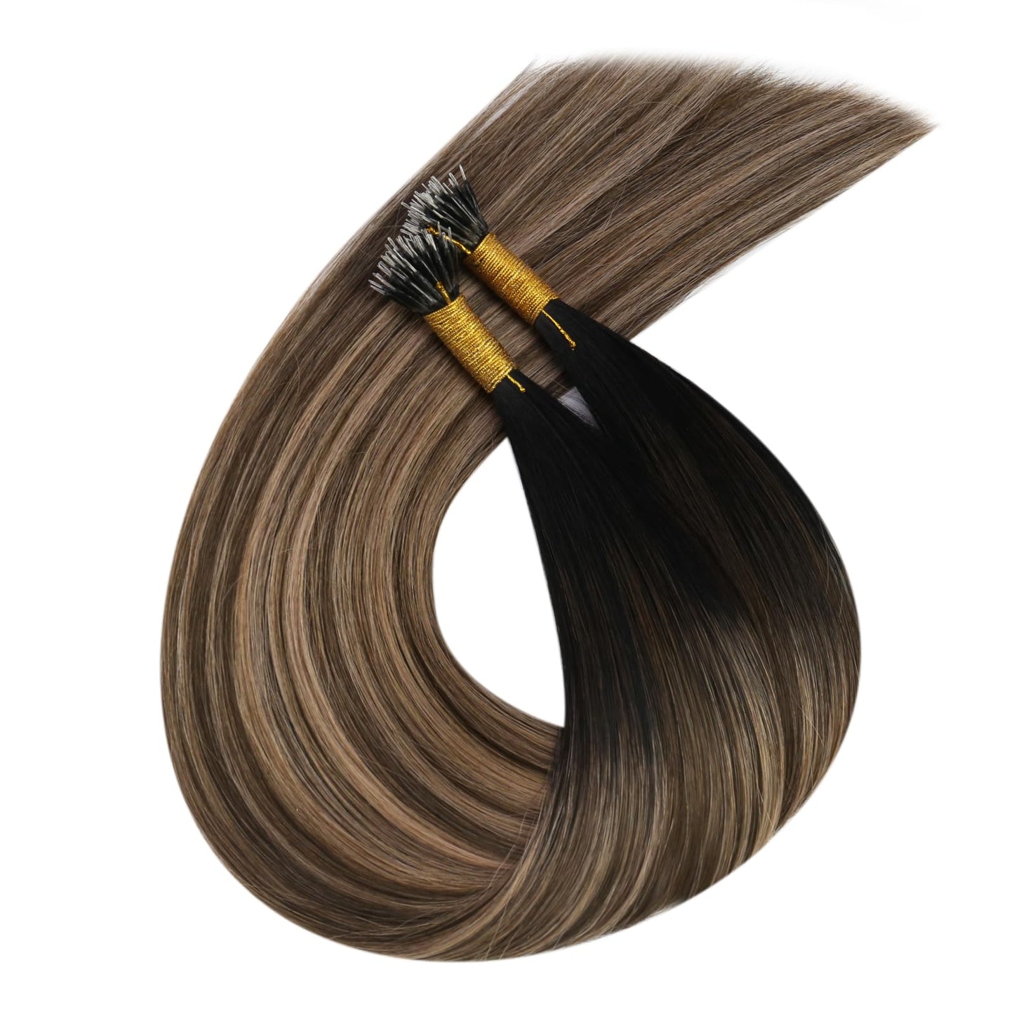 Ugeat Nano Tip Hair Extensions Human Hair Black Balayage Nano Link Hair Extensions Natural Black to Dark Brown Mix Caramel Blonde Balayage Nano Bead Hair Extensions for Women 14inch 50G 50S