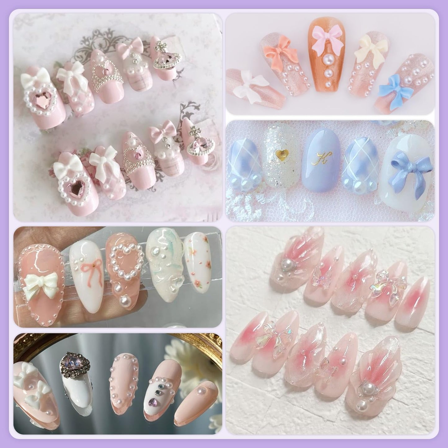 120pcs 3D Nail Bow Charms & Pearls Set - Pink, White, Black Bow Charms & White Flatback Pearls with Glue Gel (UV Needed) & Pickup Tools