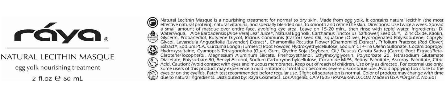 Raya Natural Lecithin Masque (601) | Nourishing Facial Treatment Mask for Dry and Combination Skin | Calms Inflammation and Minimizes Pores