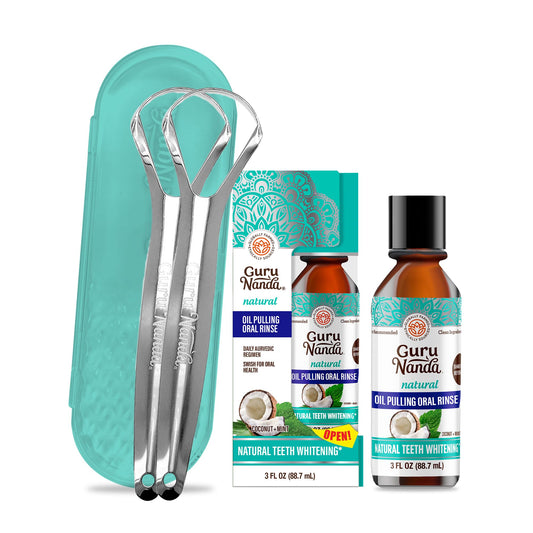 GuruNanda Coconut Oil Pulling with 7 Essential Oils & Tongue Scraper for Adults (2 Pack) with Travel Case, 420 Medical-grade 100% Stainless Steel Tongue Cleaner, Aids in Fresh Breath & Oral Care