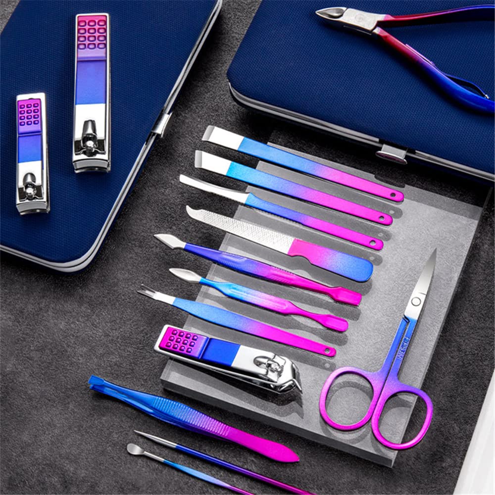 SHICEN Manicure Set, Professional Nail Clippers Kit, Pedicure Care Tools, Professional Women Grooming Kit -Premium Stainless Steel with Blue Travel Case Set 15PC Great Gift(Colorful)