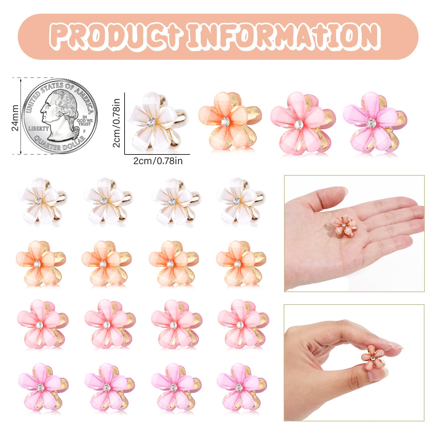 CWJCYTNSN Small Crystal Flower Hair Claw Clips, 0.8" Mini Metal Bangs Pins for Thick Curly Hair - 16PCS Hair Accessories for Women & Girls