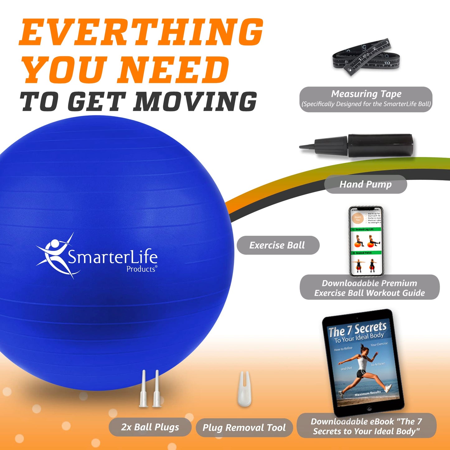 SmarterLife Workout Exercise Ball for Fitness, Yoga, Balance, Stability, or Birthing, Great as Yoga Ball Chair for Office or Exercise Gym Equipment for Home, Non-Slip Design (45 cm, Blue)