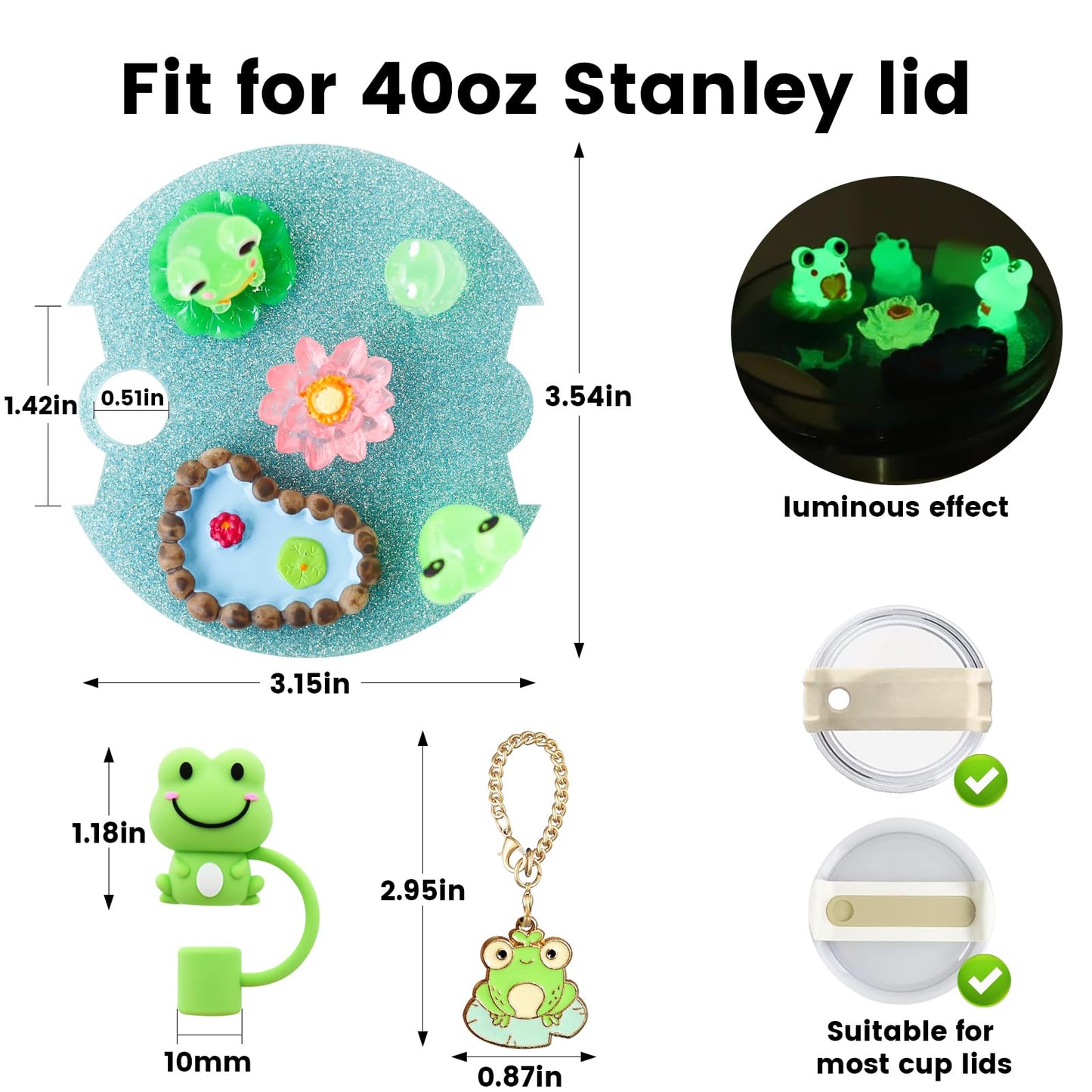 Accessories Compatible with Stanley Cup Lid, Fit for 40 oz Stanley Lid Charms Decor, Silicone Straw Topper Cover Cap, Cute Charms for Stanley 30&40 Oz Tumbler with Handle (Frog)