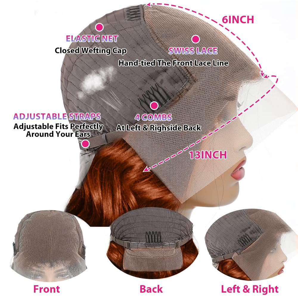 200 Density 13x6 Reddish Brown Lace Front Wigs Human Hair Pre Plucked 13x6 HD Transparent Body Wave Lace Front Wigs Human Hair With Baby Hair Ginger #33 Colored Human Hair Wig For Women (20 Inch)