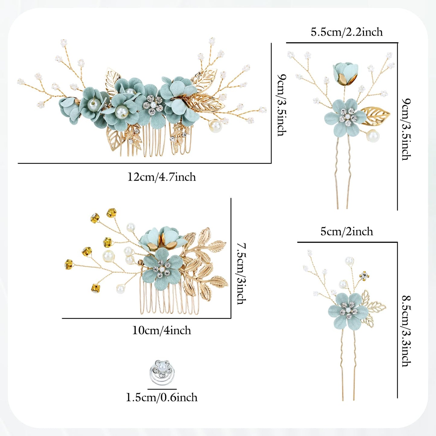 Cinaci 18 Pieces Bridal Wedding Party Prom Pearl Rhinestone Light Green Flower Hair Side Combs Slides+U-shaped Flower Hair Pins+Twist Spiral Hairpins Floral Headpieces for Brides Bridesmaids Women Gir