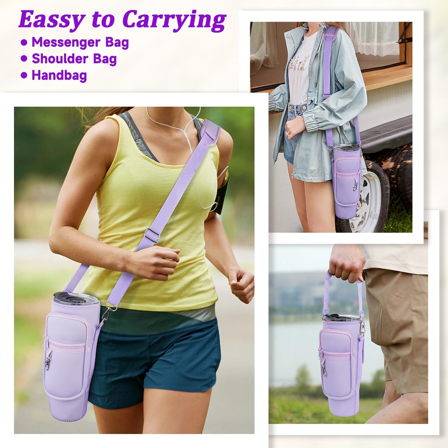 Water Bottle Carrier Bag with Phone Pocket Compatible with Stanley/Meoky 40 oz Tumbler with Handle,Neoprene Water Bottle Holder Pouch with Adjustable Strap Compatible with Stanley Cup Accessories