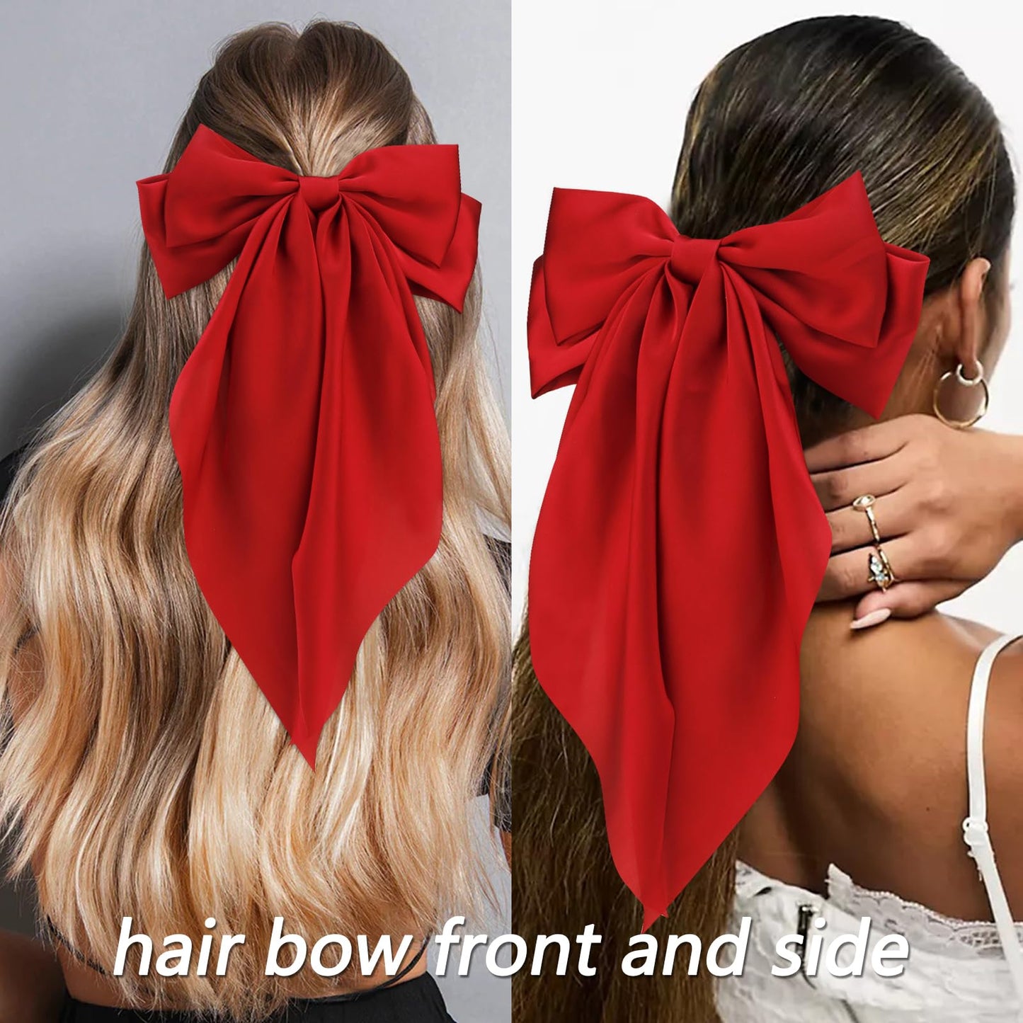 Velscrun Wine Red Hair Bows for Women Girls, Silky Satin Large Coquette Bow, Oversized Hair Ribbons 4Pcs Big Bows Clip Long Tail Bowknot Hair Barrettes Christmas Bow Accessories