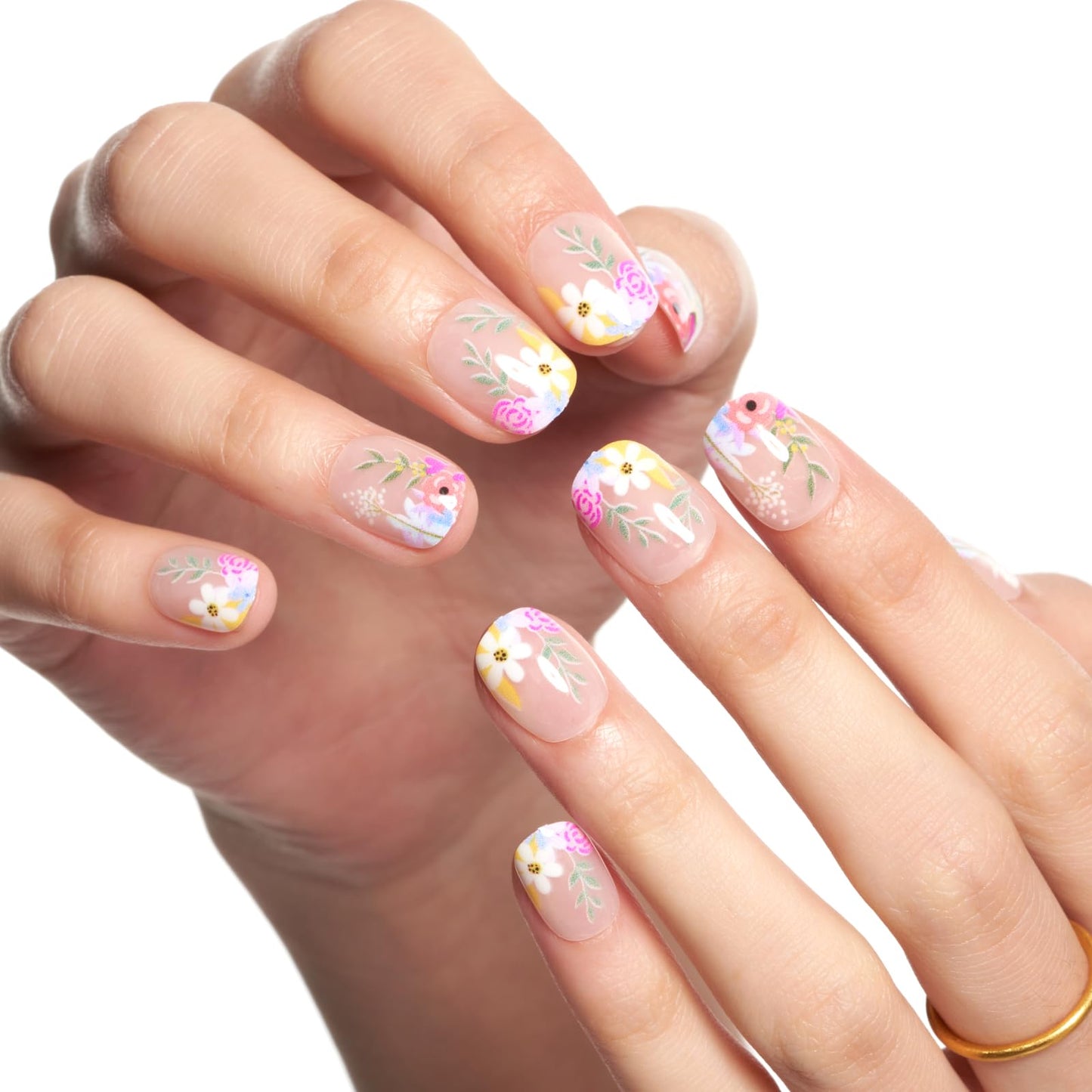 GLAMERMAID Nude Floral Extra Short Press on Nails, Pink Daisy Fake Nails Short Squoval, Natural Round Square Glue on Nails Glossy Gel, Acrylic False Nail Manicure Kit for Women, Reusable Stick on Nail