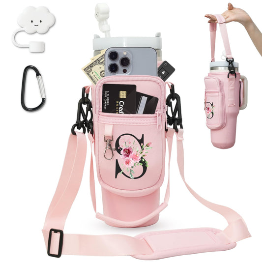 Sunegg Initial Water Bottle Carrier Bag for Stanley 40 oz Tumbler with Handle, Water Bottle Holder Pouch with Phone Pocket, Straw Cover & Carabiner, Nice Accessories for Stanley Cup(Pink S)