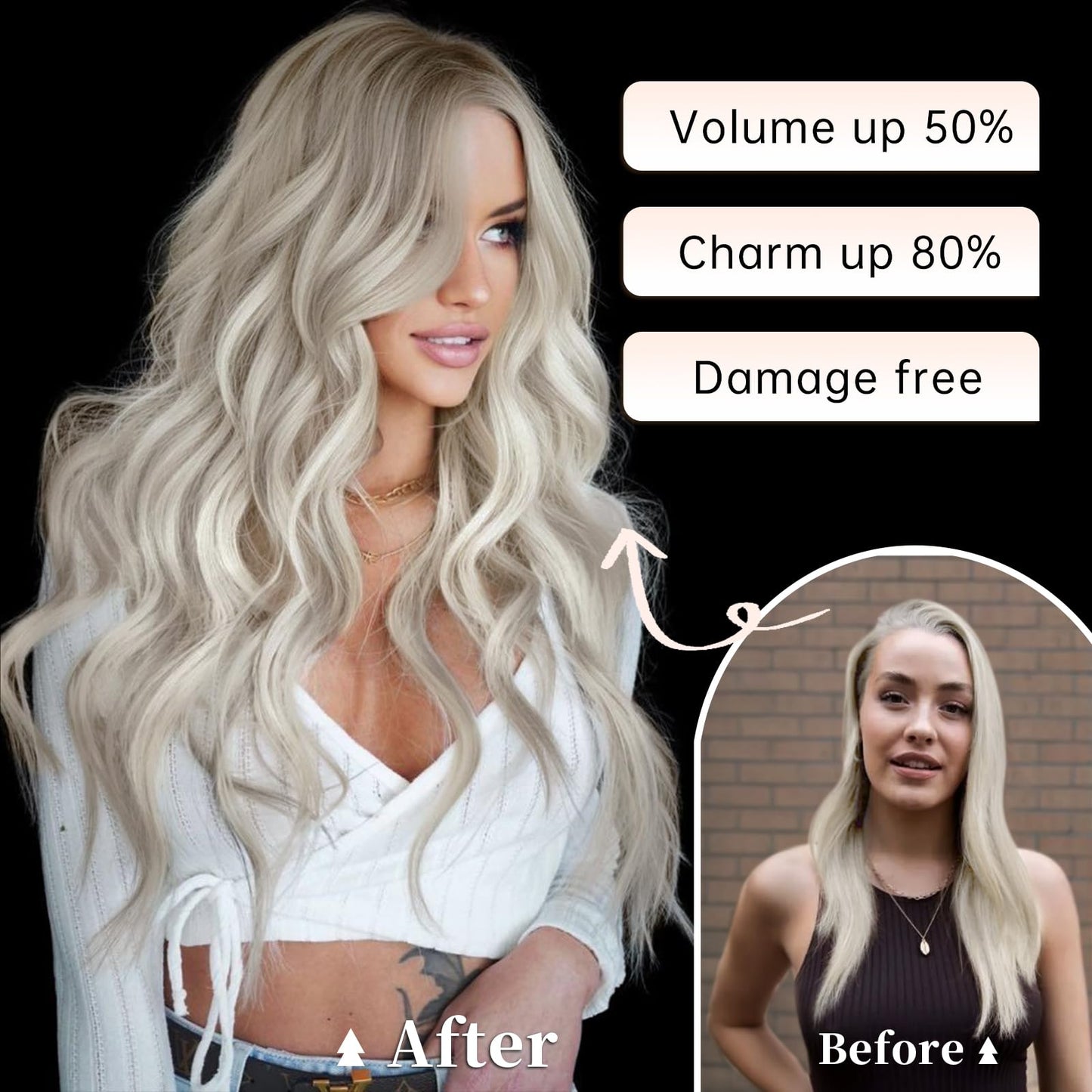 KooKaStyle Invisible Wire Hair Extensions with Transparent Wire Headband Adjustable Size 4 Secure Clips Silver Grey Blonde Long Wavy Hairpiece for Women