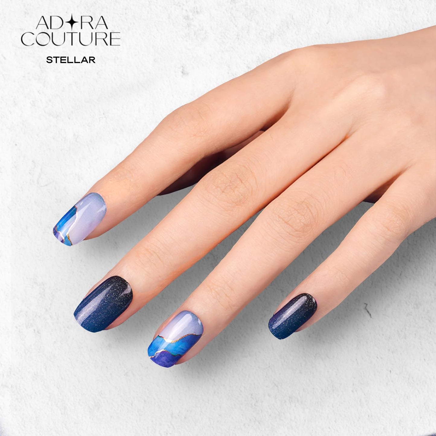 Adora Couture Semi Cured Gel Nail Strips with 30 Pieces, Salon Quality Nail Wraps for Women, Glossy Blue Purple Pattern with Glitter UV Gel Nail Stickers, UV Light Required, Stellar