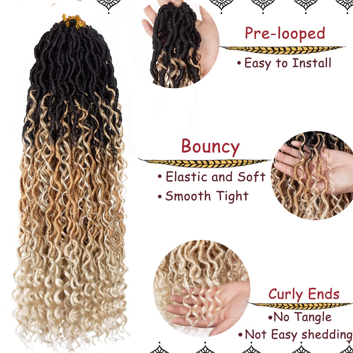 Beverlee 24 Inch Goddess Locs Crochet Hair 8 Pcak Boho Faux Locs Boho Goddess Locs Crochet Locs Pre Looped Soft Hippie Locs Synthetic Bohemian Curly Crochet Locs Hair for Black Women 1B/30/27#