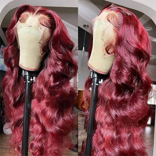 250% Density 32 Inch 99J Burgundy Lace Front Human Hair Wig With Baby Hair Pre Plucked 13x4 Body Wave HD Transparent Lace Frontal for Women Glueless