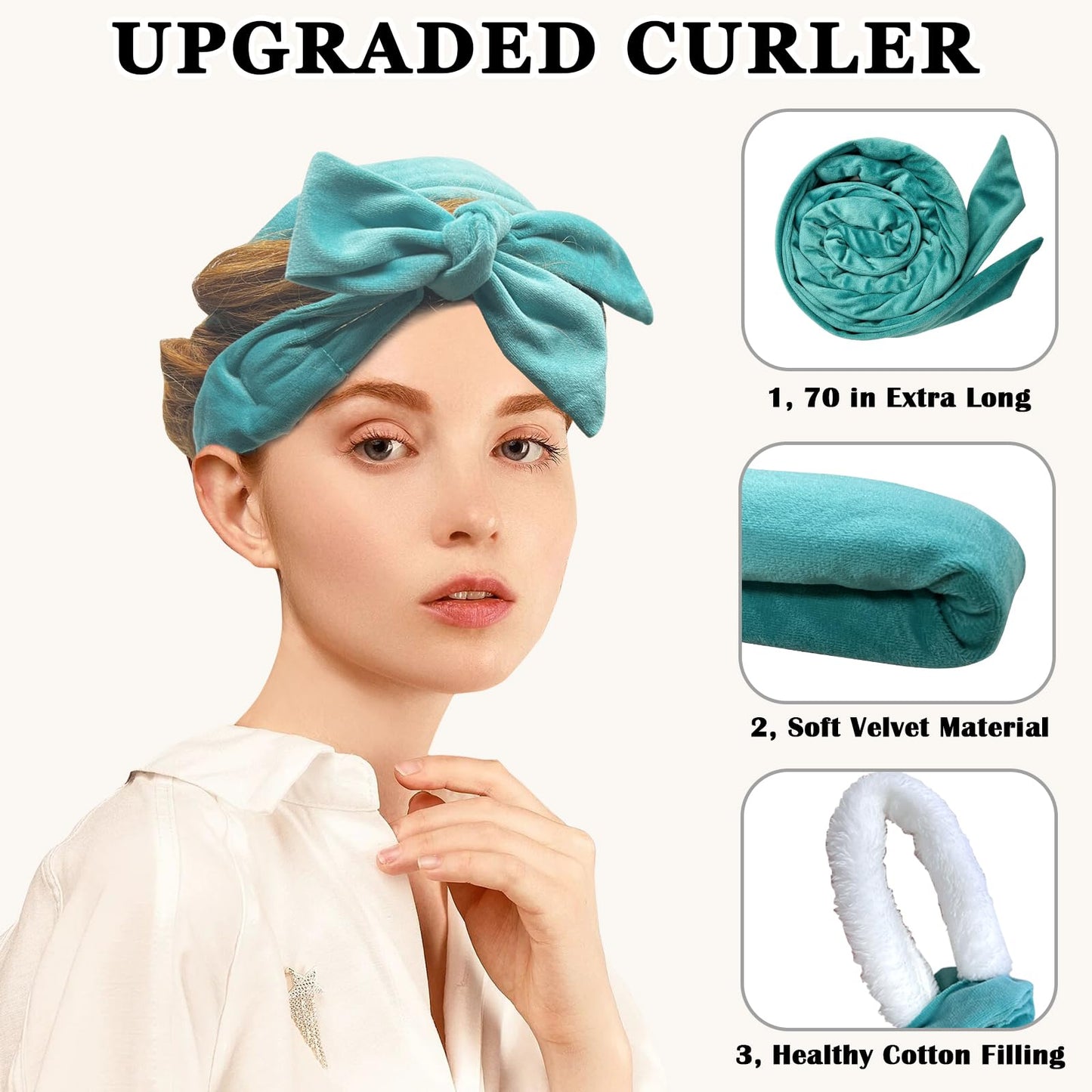 Gwabee No Heat Overnight Curl Headband, 70" Soft Ribbon Wrap for Long Hair, 9 PCS Hair Curling Rods Set - Blue Green