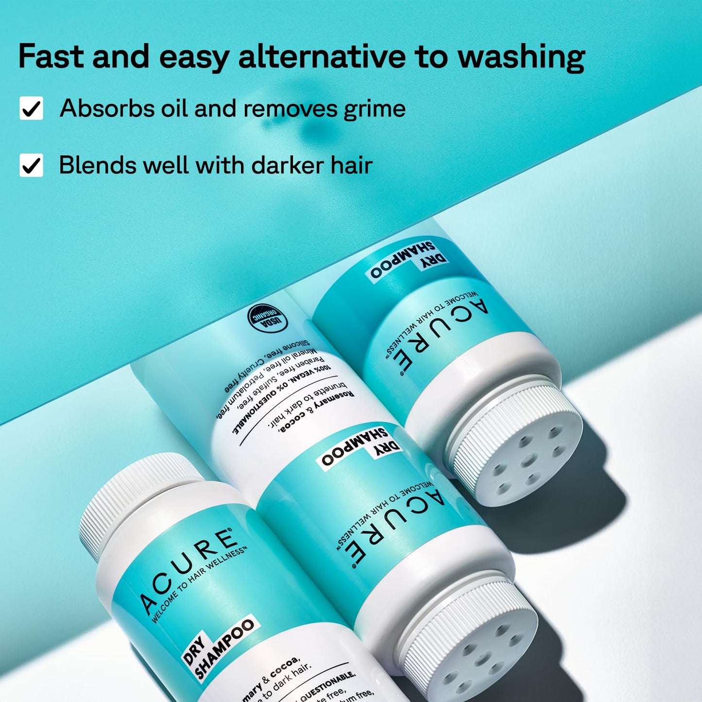 Acure Dry Shampoo - Brunette to Dark Hair, Powder Care to Refresh Treated Color Tinted Hair & Extend Cleansing with Cocoa & Rosemary Formula - 100% Vegan - 1.7 Oz Travel Pack Size