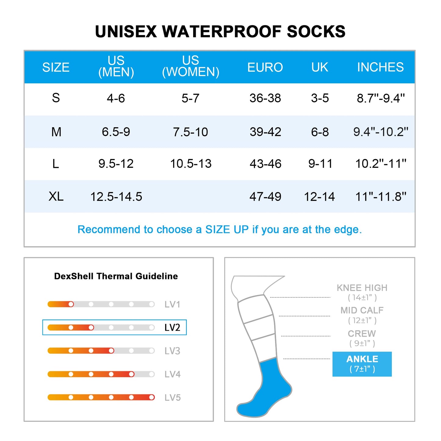DexShell Waterproof Socks for Men and Women Winter Trail Running, Hiking, Cycling - Moisture Wicking Coolmax Inners, Ankle Mallard Blue,Unisex Large