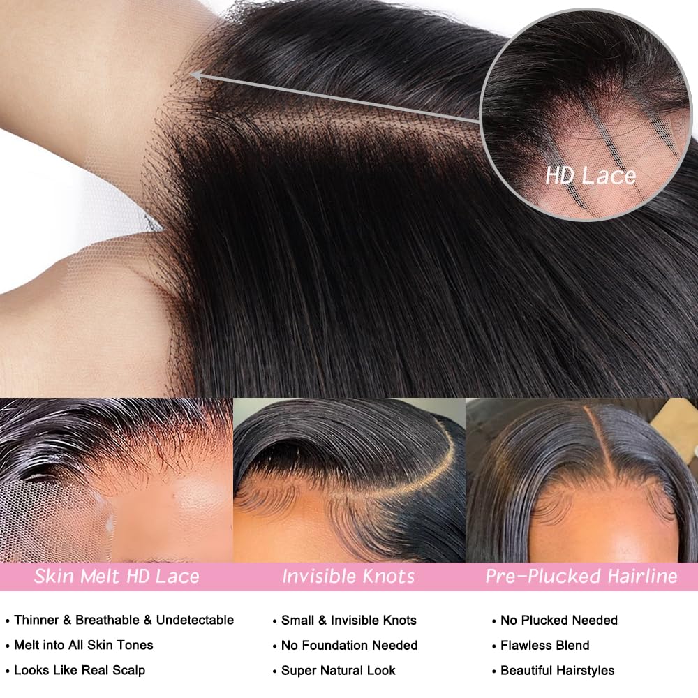 Hailriss Body Wave HD Lace Front Wigs Human Hair Pre Plucked 24 Inch 180% Density 13x6 Glueless Frontal Wigs Human Hair Lace Front Wigs for Black Women Human Hair Natural Black