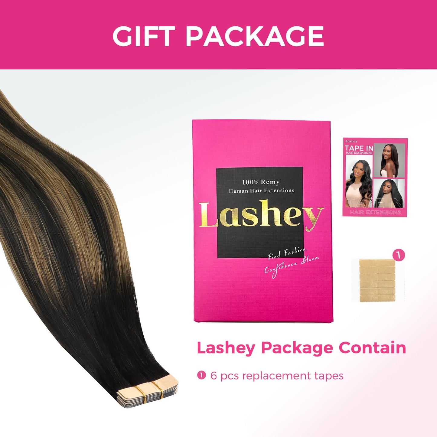 Lashey Tape in Hair Extensions 25g 10pcs 16 Inch Straight Natural Black Mixed Chestnut Brown Highlighted Hair Extensions Tape in Hair for Women
