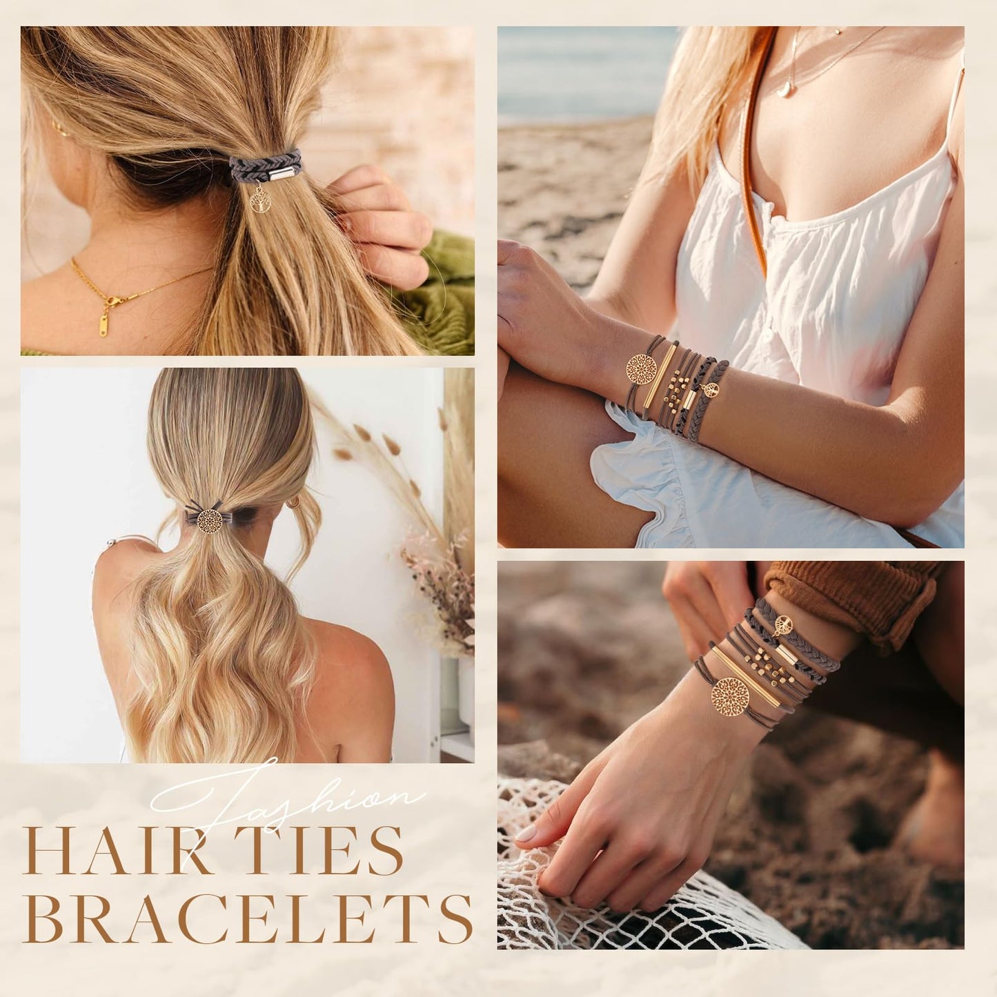 10 PCS Boho Hair Ties - No-Damage, 5 Styles for Thick & Thin Hair, Cute Stretch Bracelets, Braided Ponytail Holders, Grey