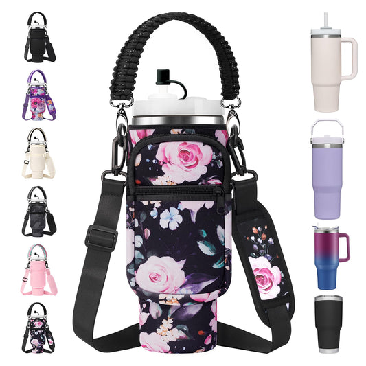 Water Bottle Carrier Bag with Paracord Handle for Stanley 30 oz Tumbler Neoprene Insulated Mug Sleeve Sling with 2 Pockets & Adjustable Strap & Straw Cap for Stanley Cup Accessories-Black Flower