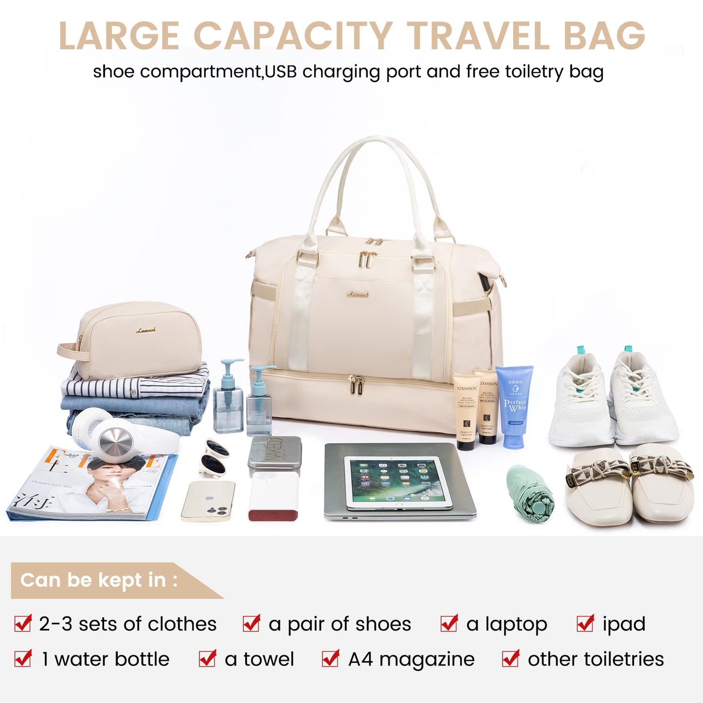 Gym Bag LOVEVOOK Travel Duffel Bag with USB Charging Port,Weekender Bags for Women with Shoe Compartment,Carry on Overnight Bag with Toiletry Bag,Hospital Bags for Labor and Deliver