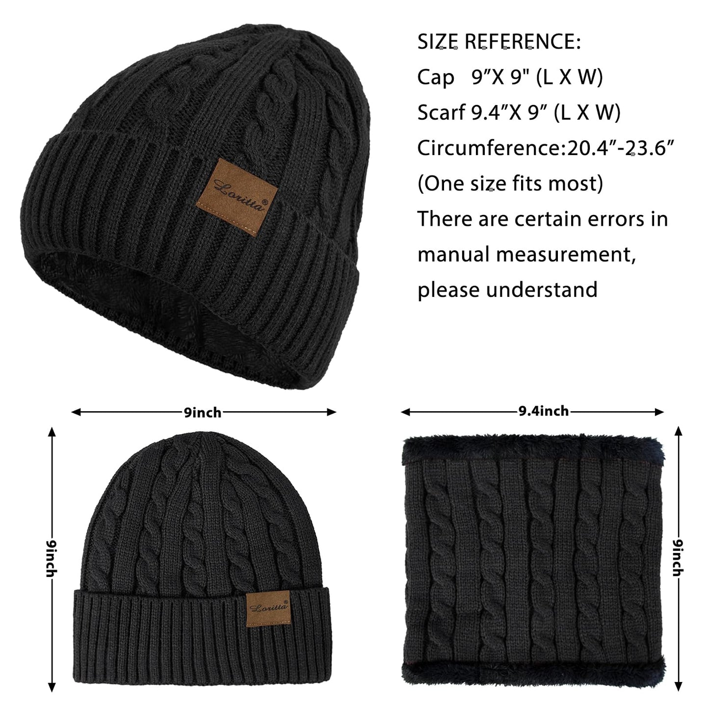 3 Pieces Womens Beanie Hat Scarf Touch Screen Gloves Set for Women Warm Knit Fleece Lined Skull Caps Neck Warmer Gifts,A-Black